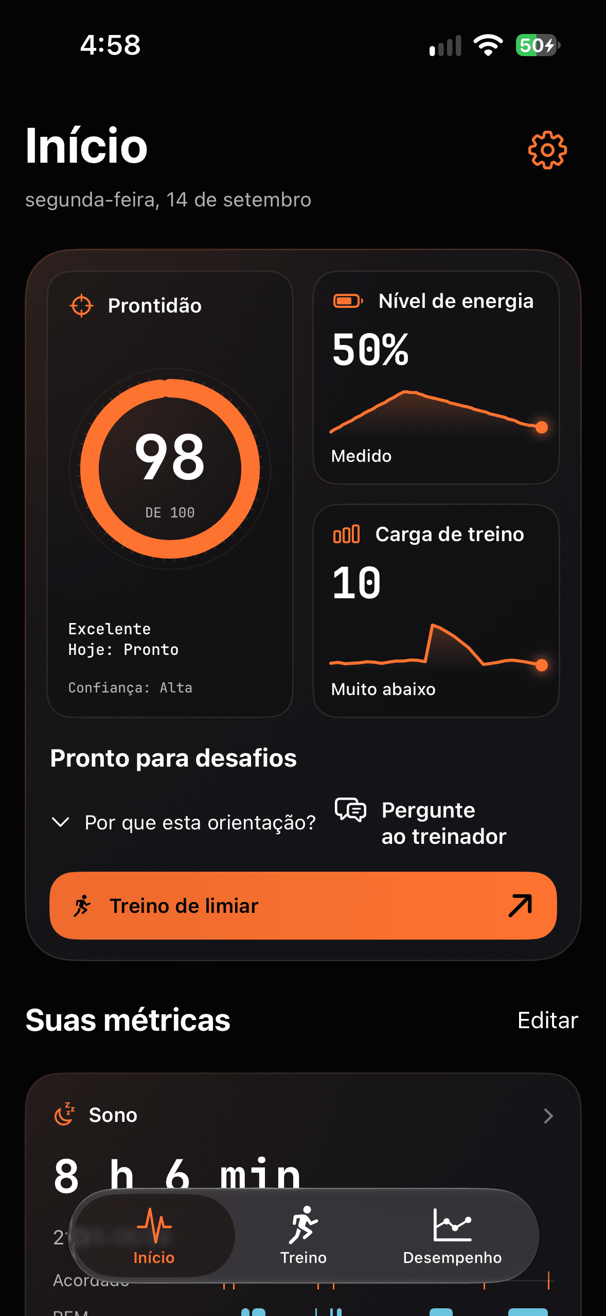 Runbo – Início: Prontidão, Nível de energia, Carga de treino, Sono