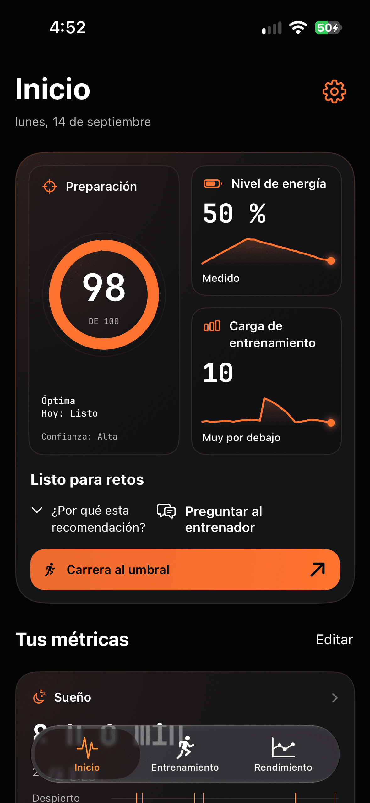 Runbo – Inicio: Preparación, Nivel de energía, Carga de entrenamiento, Sueño