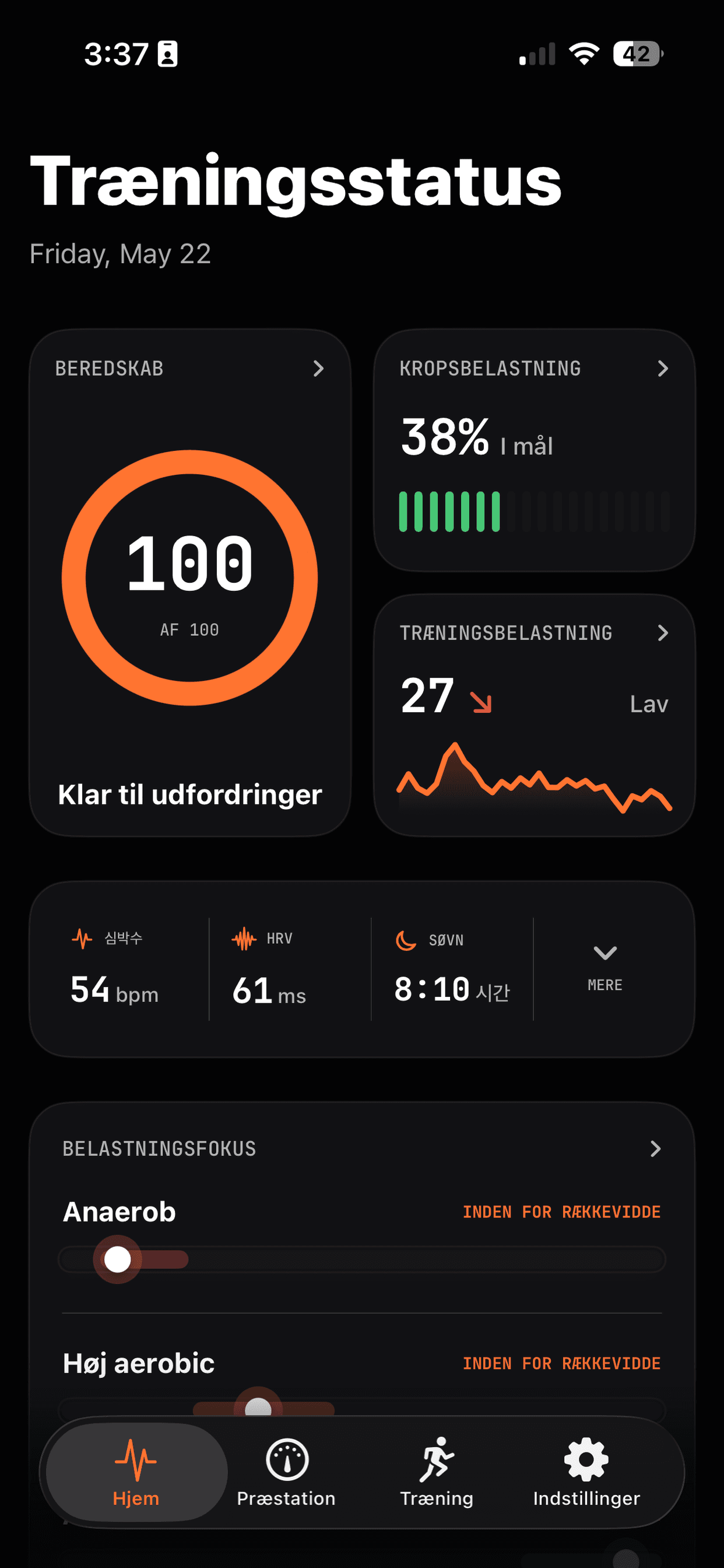 Runbo-dashboard med parathed, kropsbelastning, træningsbelastning, sundhedstal og belastningsområder