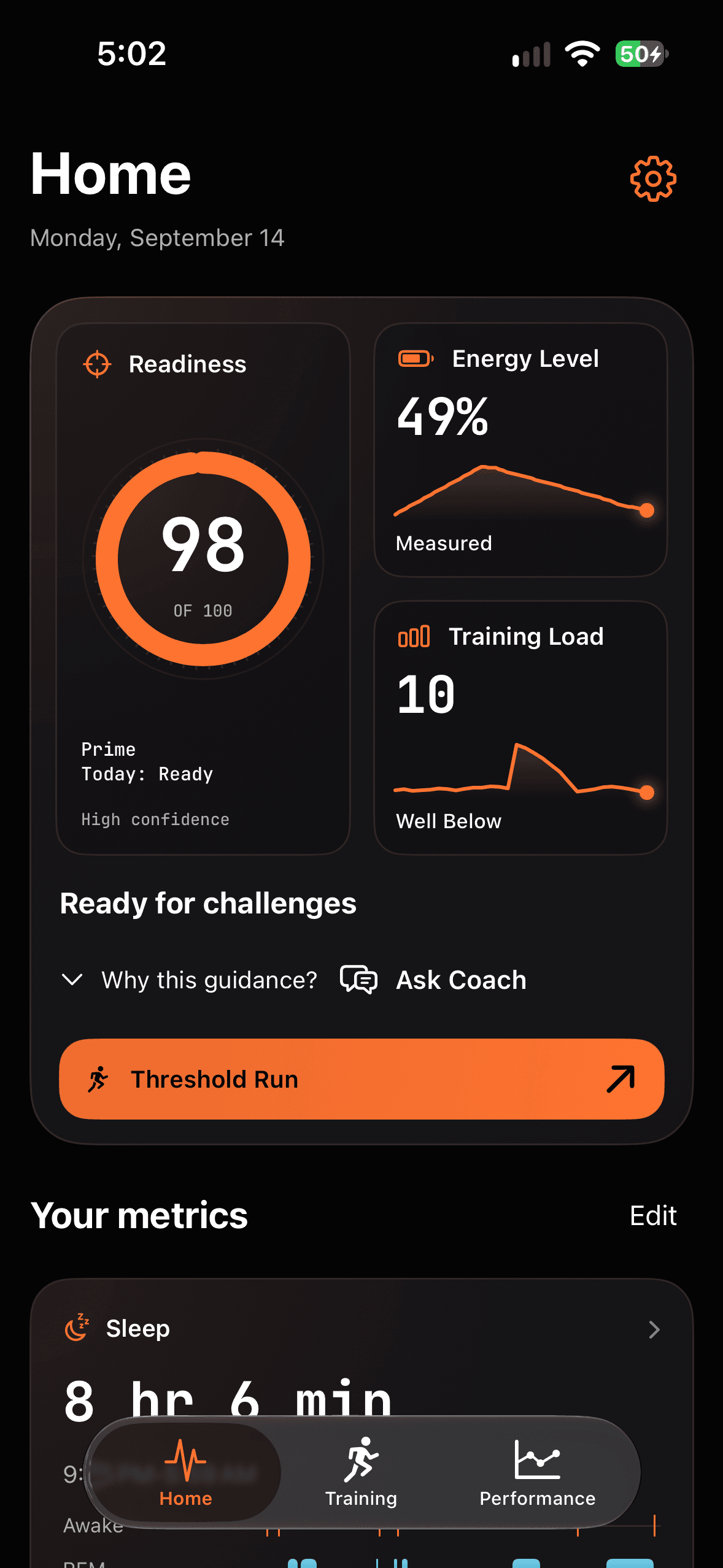 Runbo – Home: Readiness, Energy Level, Training Load, Sleep