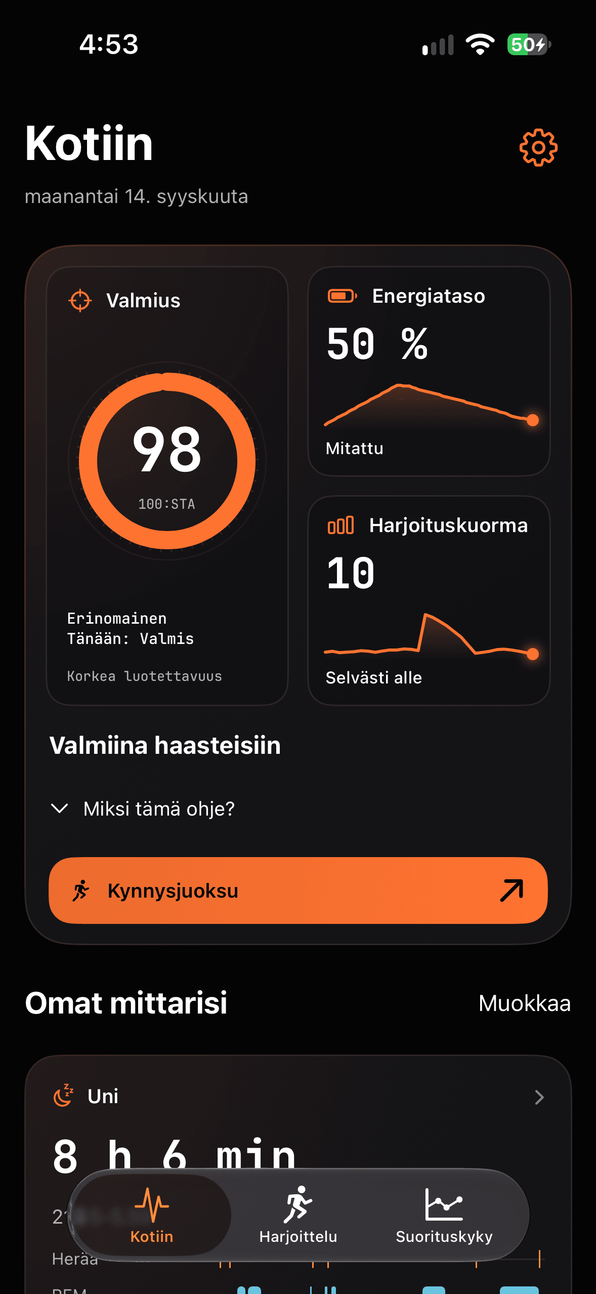 Runbo – Kotiin: Valmius, Energiataso, Harjoittelukuorma, Uni