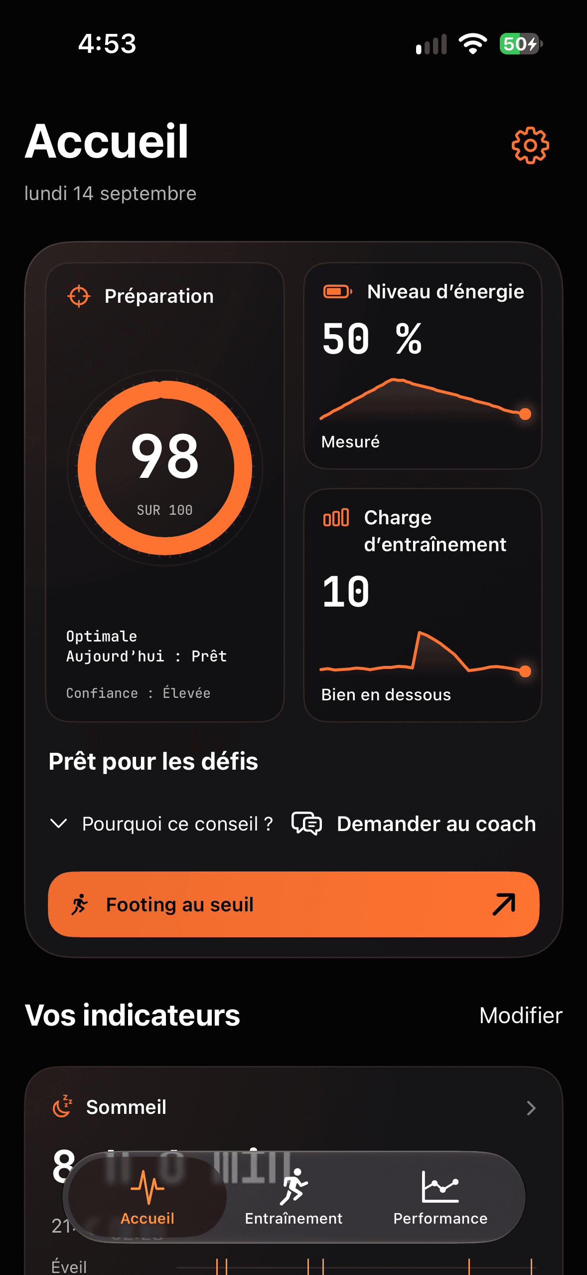 Runbo – Accueil: Préparation, Niveau d’énergie, Charge d’entraînement, Sommeil