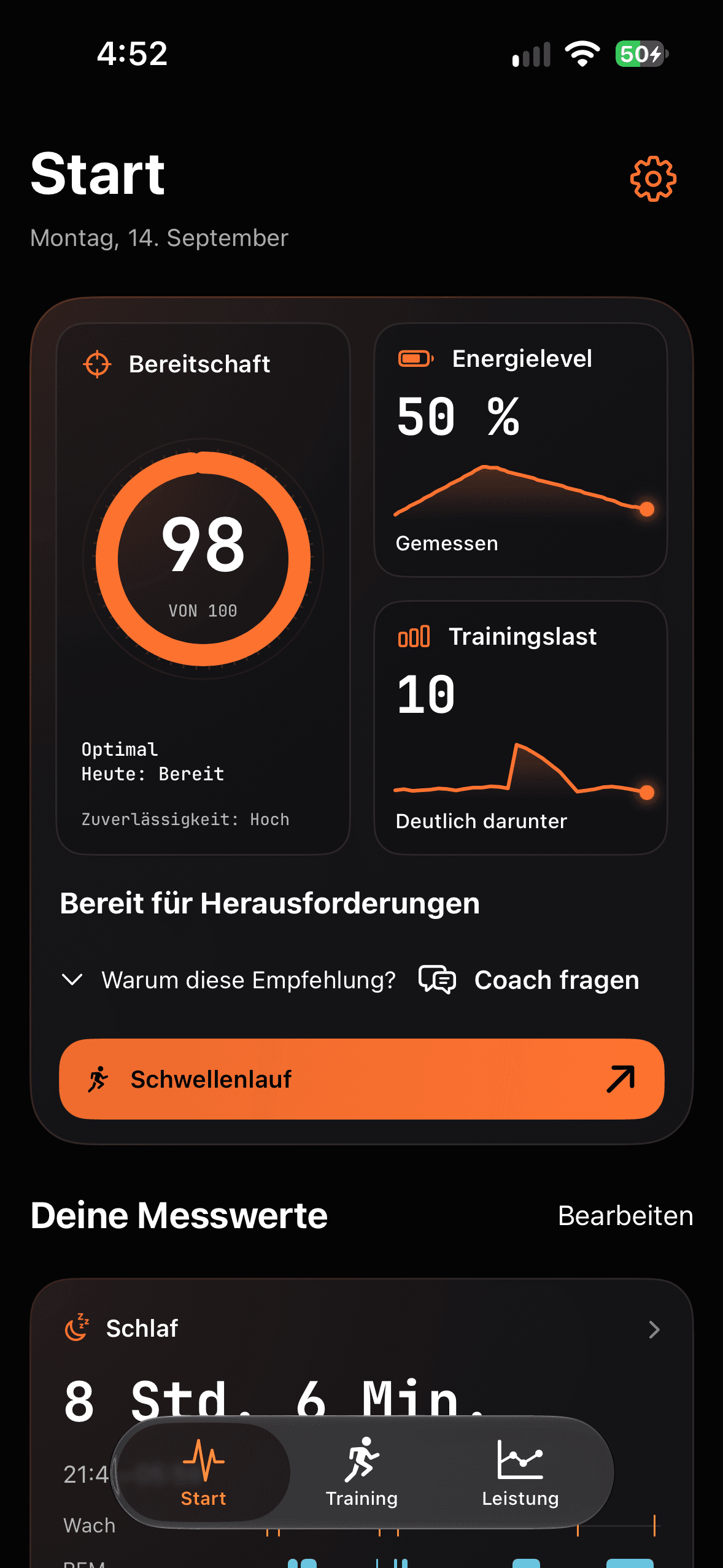 Runbo – Start: Bereitschaft, Energielevel, Trainingsbelastung, Schlaf
