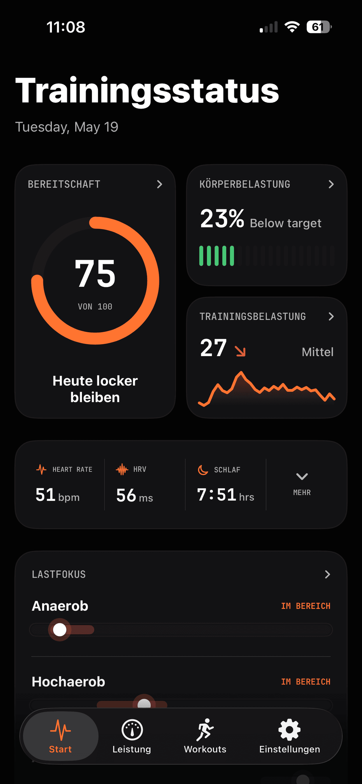 Runbo-Startdashboard mit Trainingsbereitschaft, Körperbelastung, Trainingsbelastung, Gesundheitswerten und Belastungsfokus-Bereichen