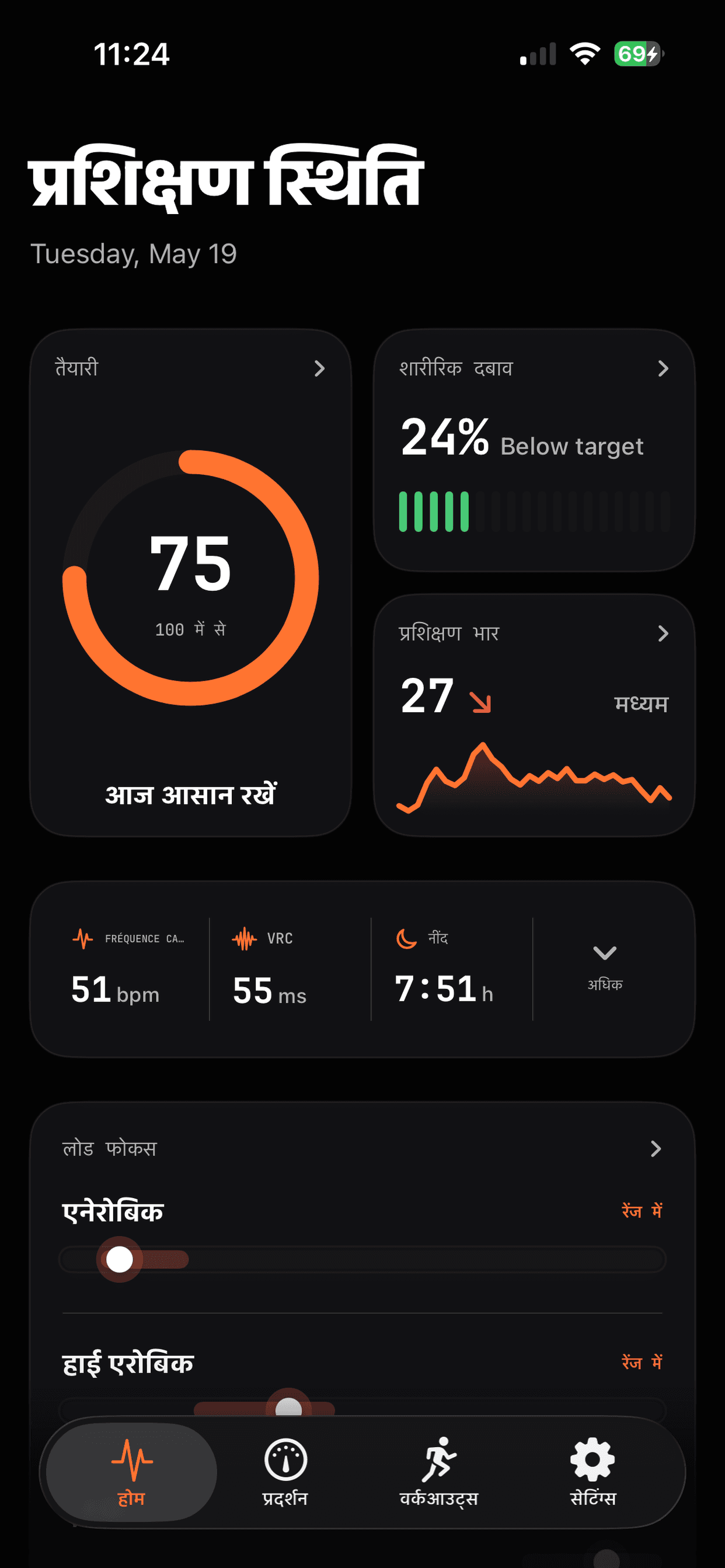 Runbo होम डैशबोर्ड जिसमें तैयारी, शारीरिक तनाव, ट्रेनिंग लोड और लोड संतुलन दिखता है
