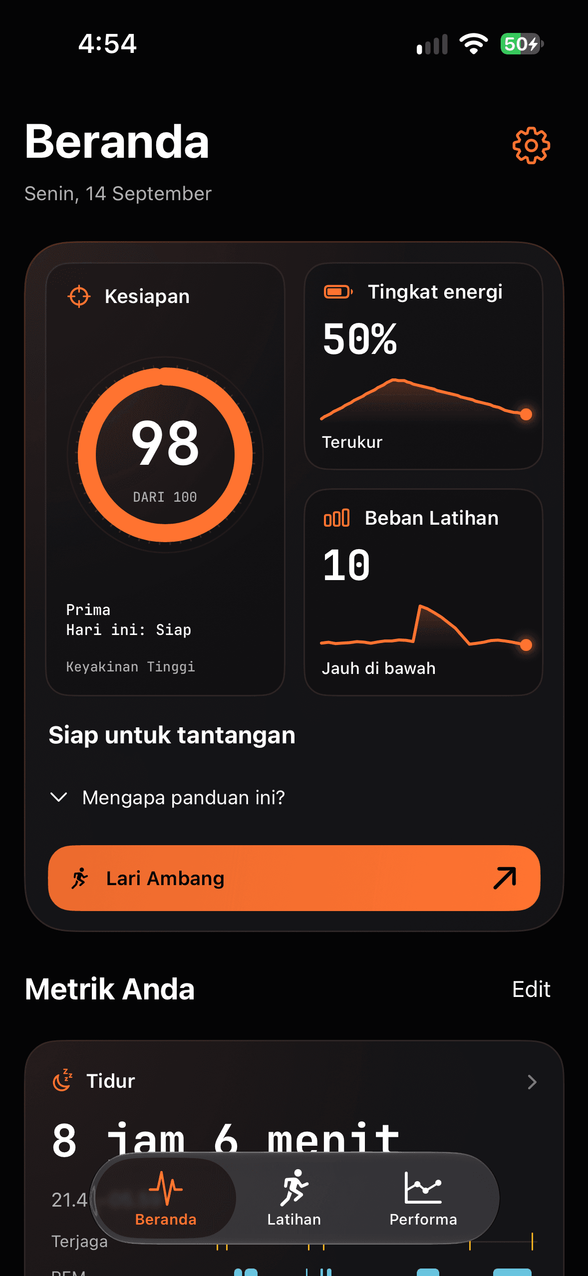 Runbo – Beranda: Kesiapan, Tingkat energi, Beban Latihan, Tidur