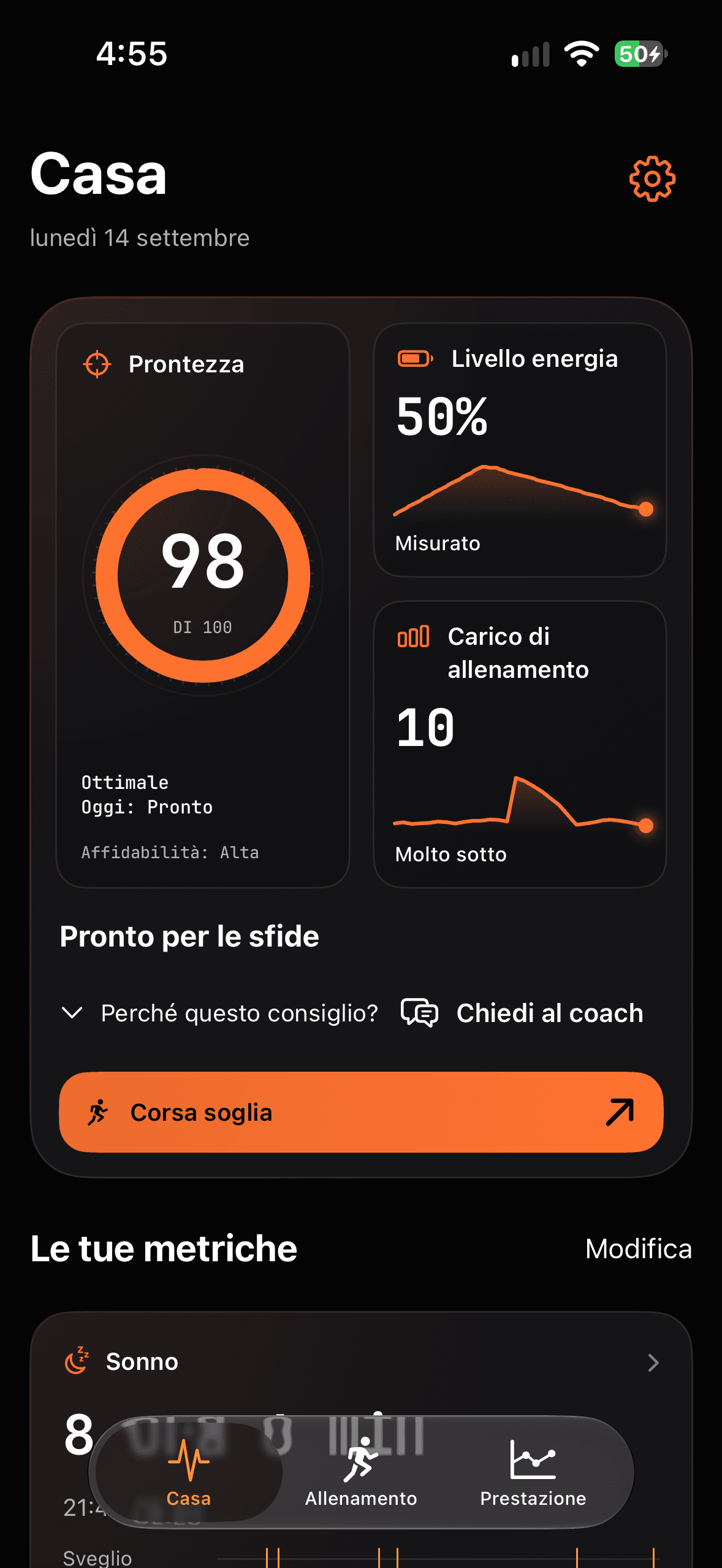 Runbo – Casa: Prontezza, Livello energia, Carico di allenamento, Sonno