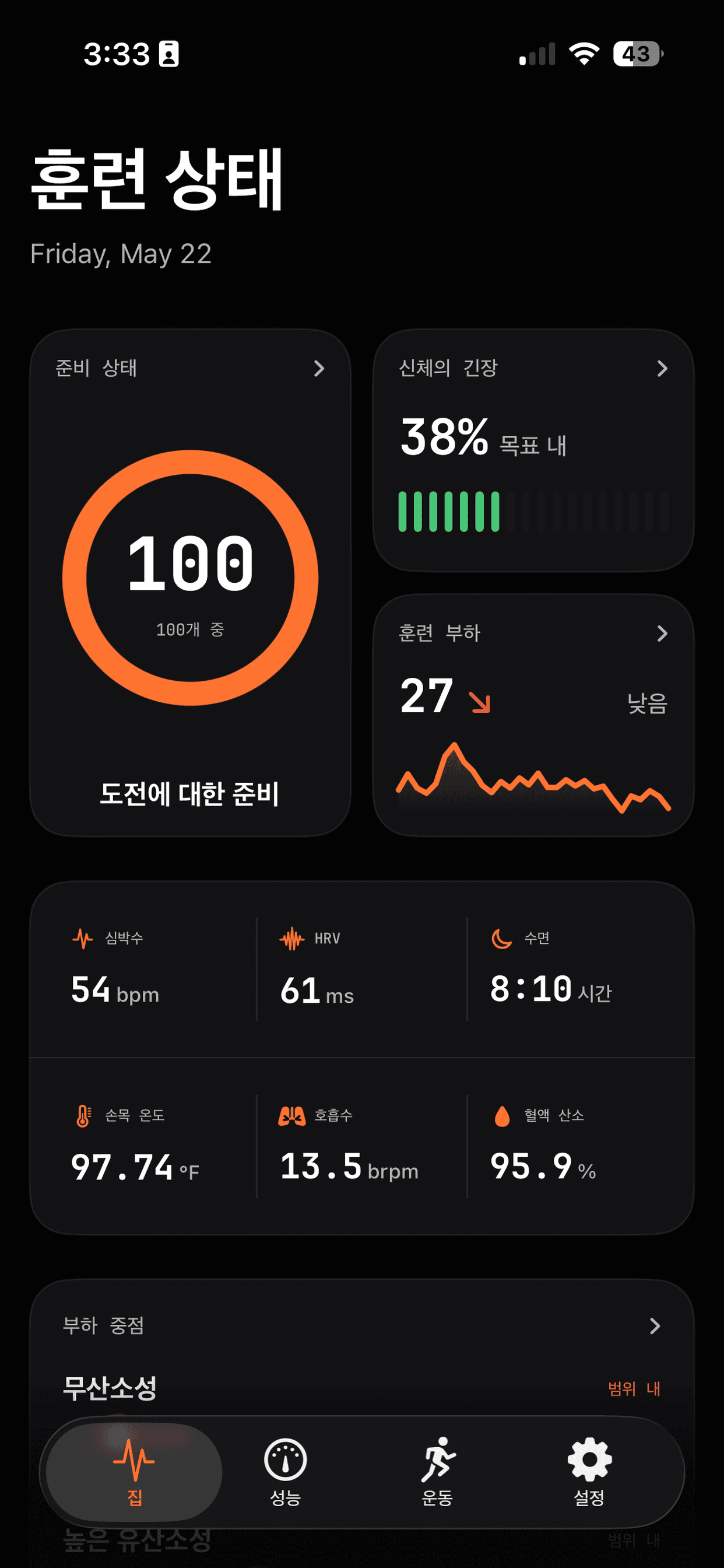 준비도, 신체 스트레스, 트레이닝 로드 및 로드 균형이 표시된 Runbo 홈 대시보드