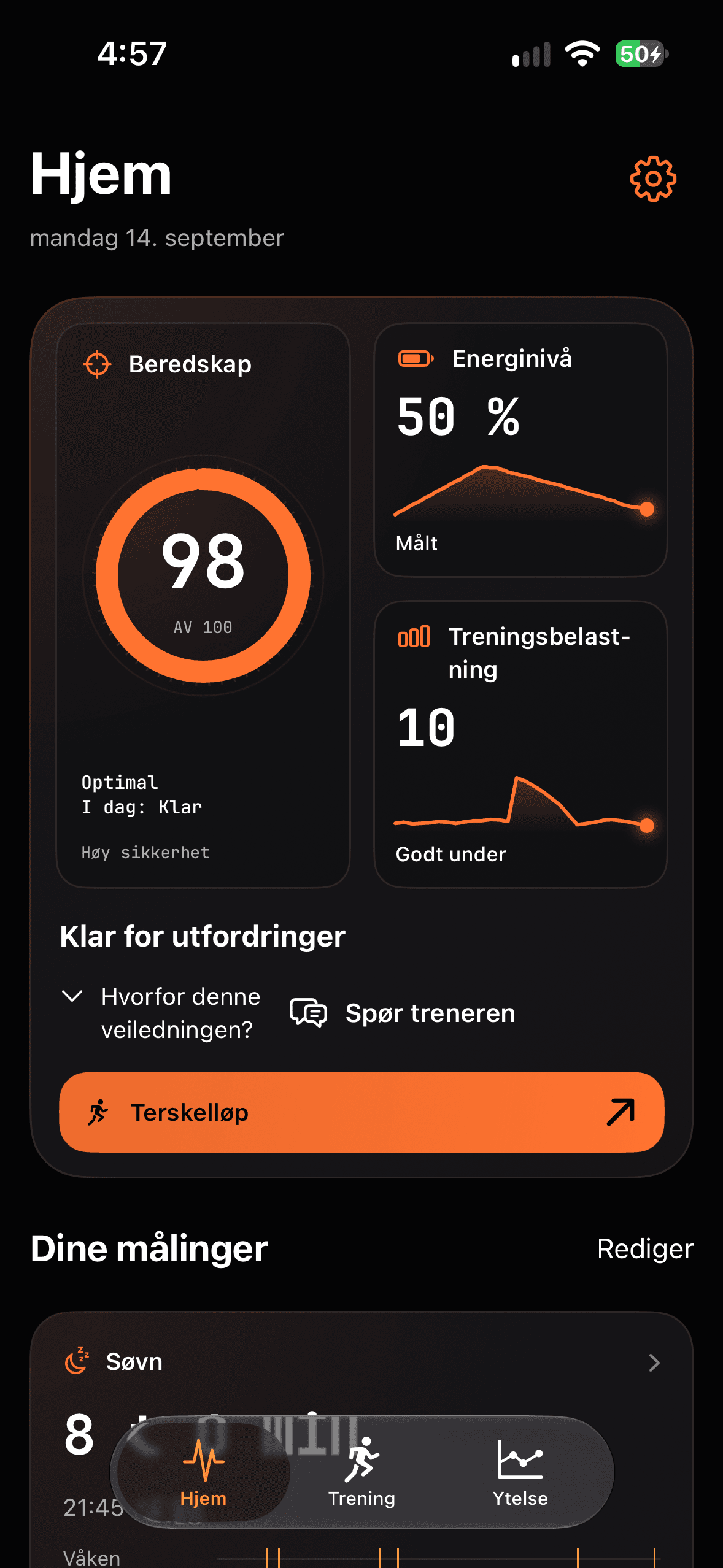 Runbo – Hjem: Beredskap, Energinivå, Treningsbelastning, Søvn