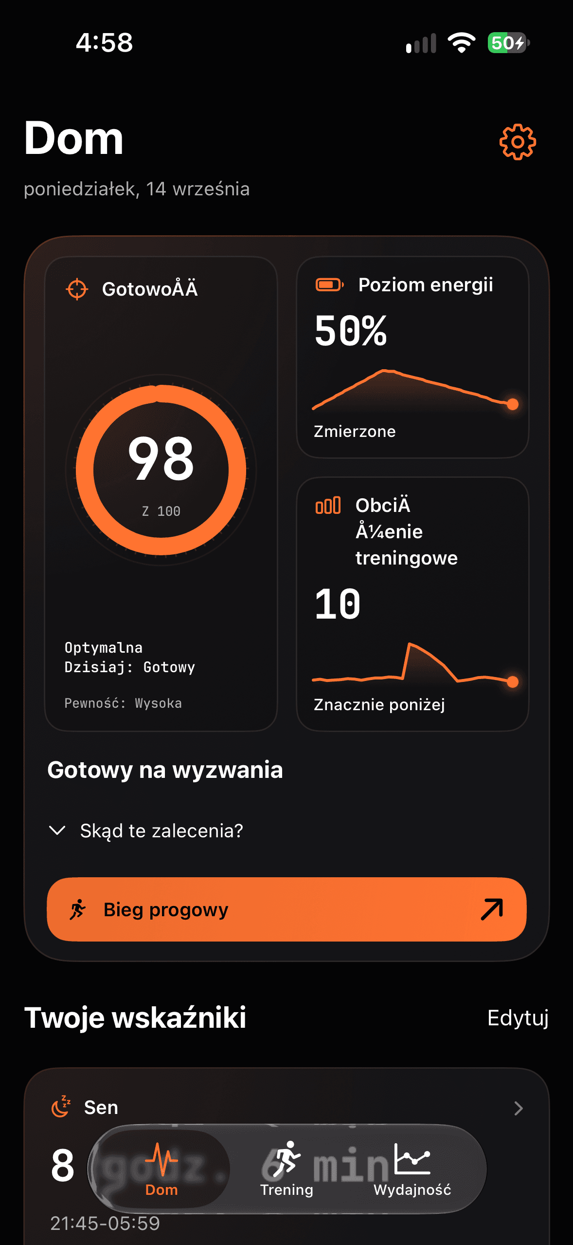 Runbo – Dom: Gotowość, Poziom energii, Obciążenie treningowe, Sen
