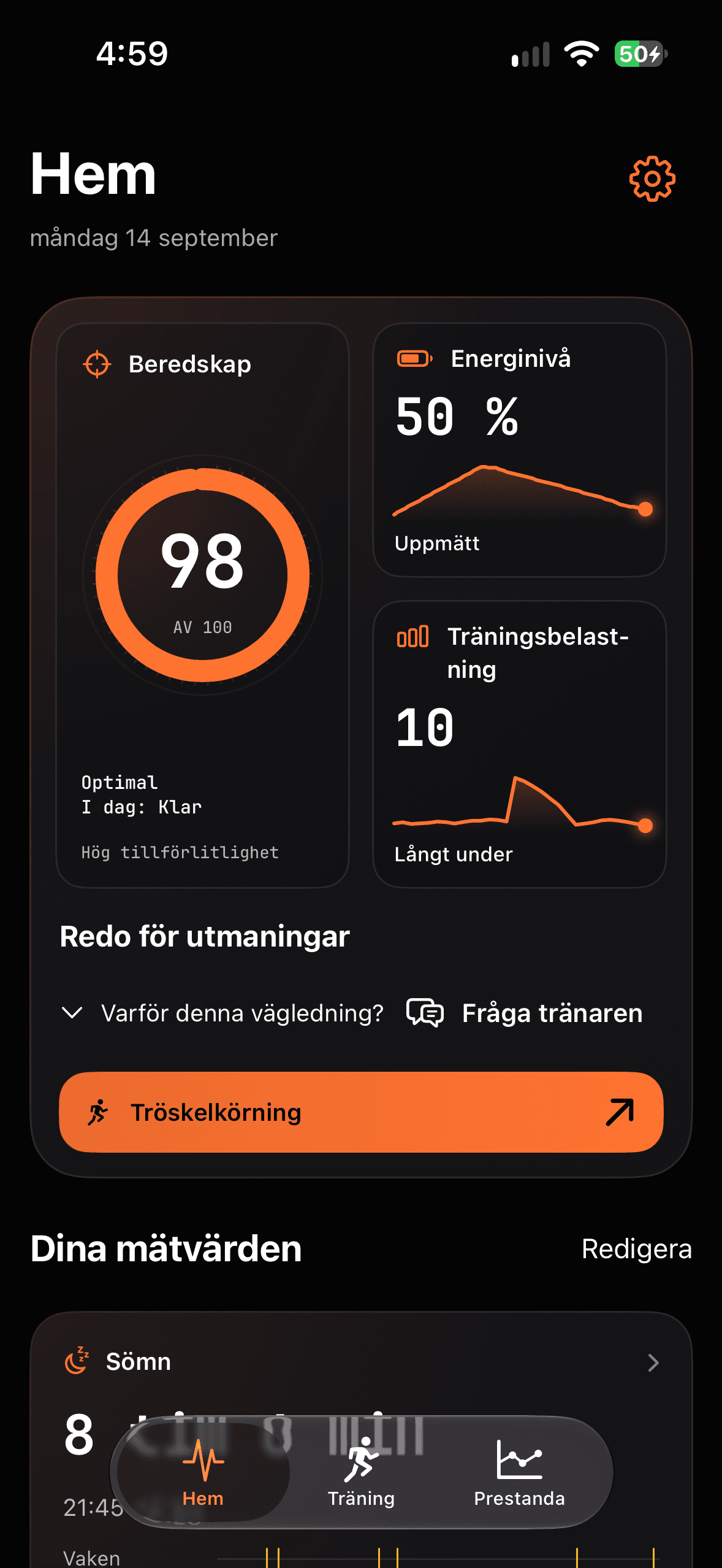 Runbo – Hem: Beredskap, Energinivå, Träningsbelastning, Sömn