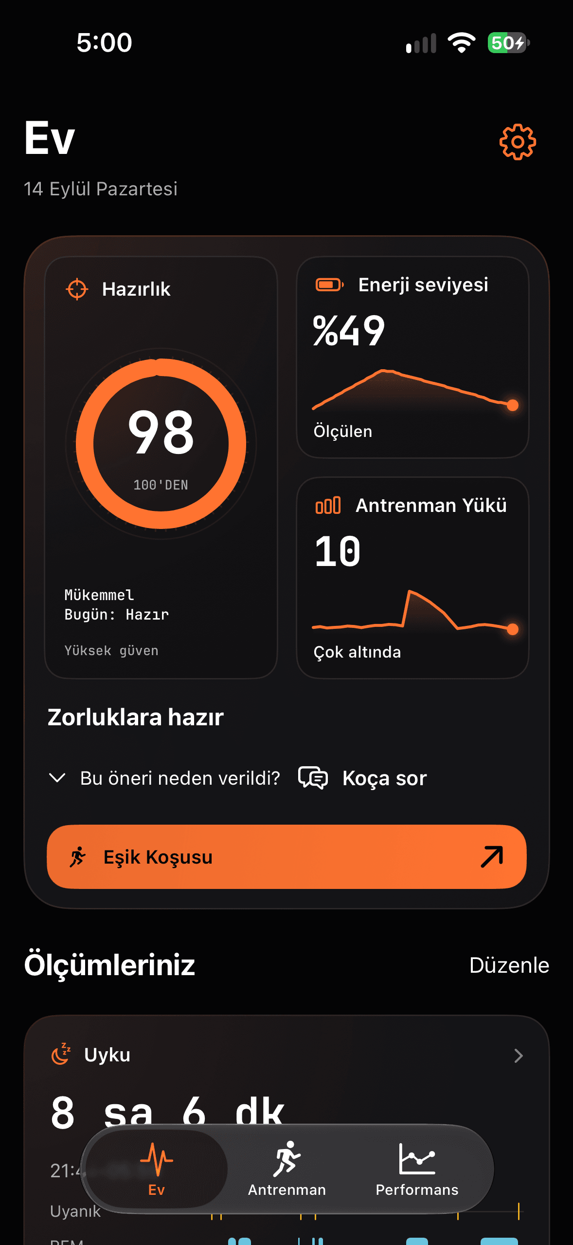 Runbo – Ev: Hazırlık, Enerji seviyesi, Antrenman Yükü, Uyku
