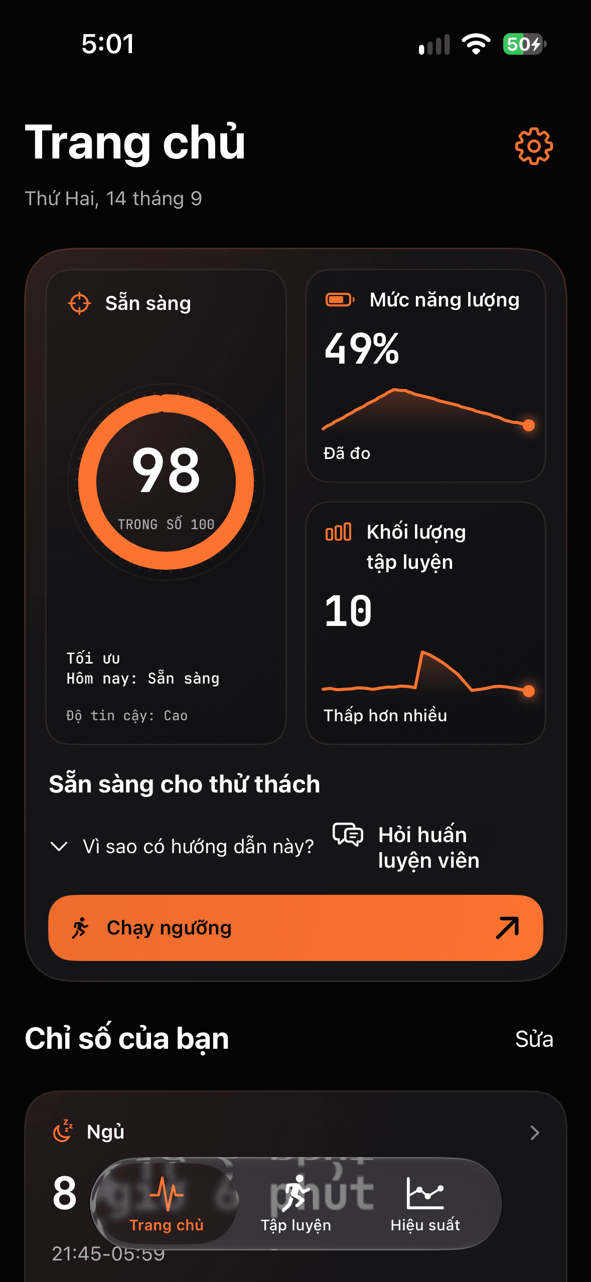 Runbo – Trang chủ: Sẵn sàng, Mức năng lượng, Tải tập luyện, Ngủ